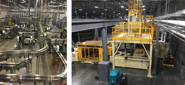 (left) Self-manufacturing PET bottles at our facility in Garner, N.C. (right) Injection molding machine