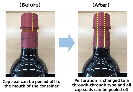 【Before】Cap seal can be peeled off to the mouth of the container
→ 【After】Perforation is changed to a through-through type and all cap seals can be peeled off