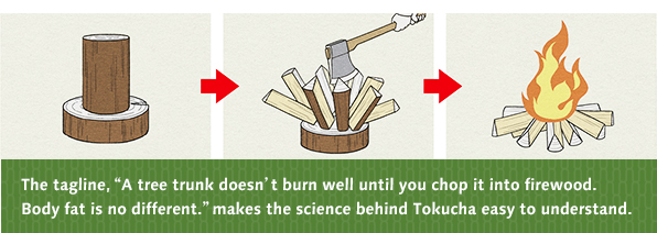 The tagline, “A tree trunk doesn’t burn well until you chop it into firewood. Body fat is no different.” makes the science behind Tokucha easy to understand.
